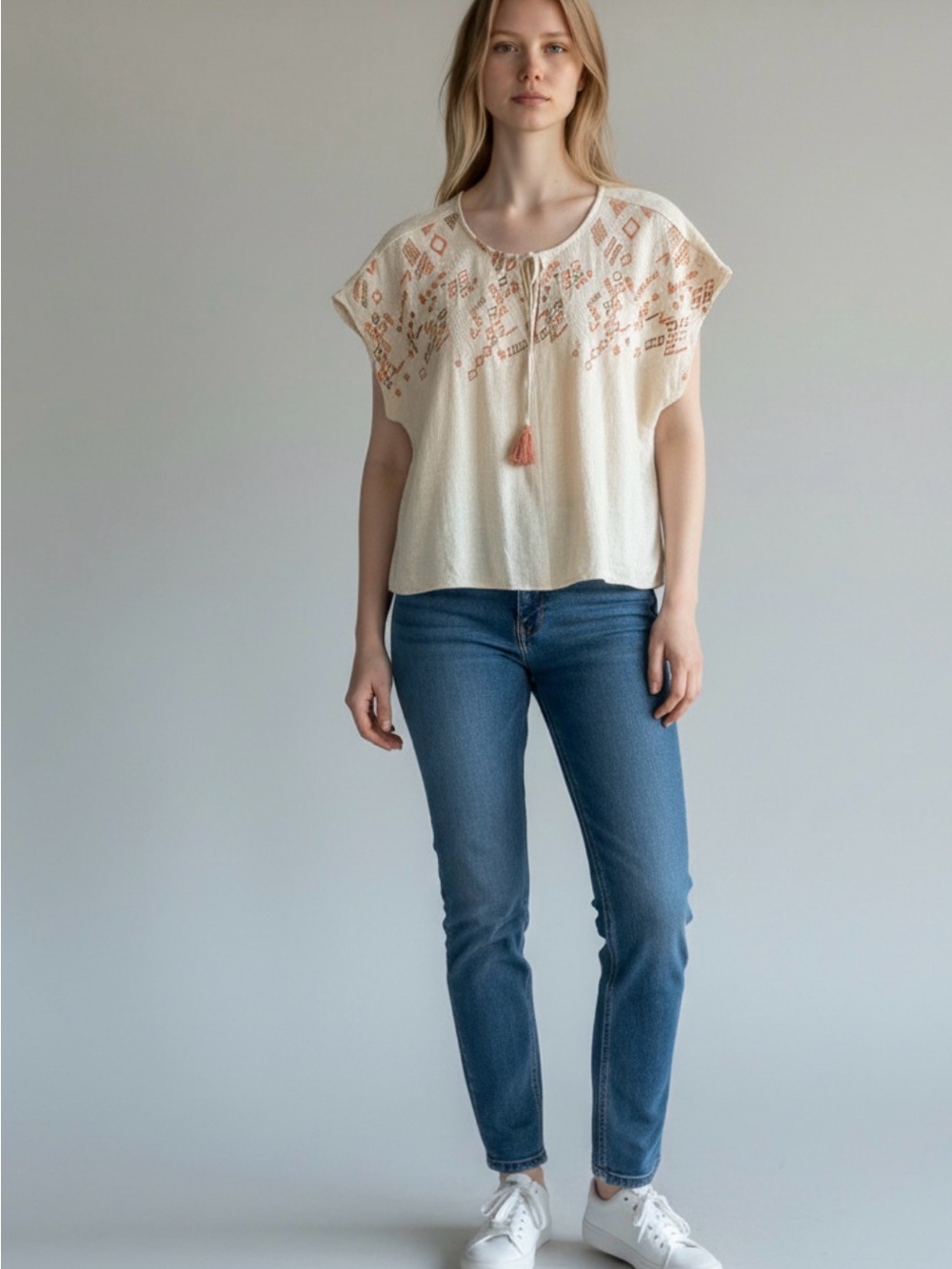 Maurices Cream Embroidered Peasant Tunic with Peach Accents